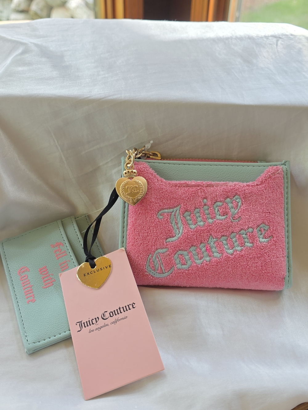 Juicy Couture Pink Terry Card Holder with Mint Trim and Gold Heart Charm